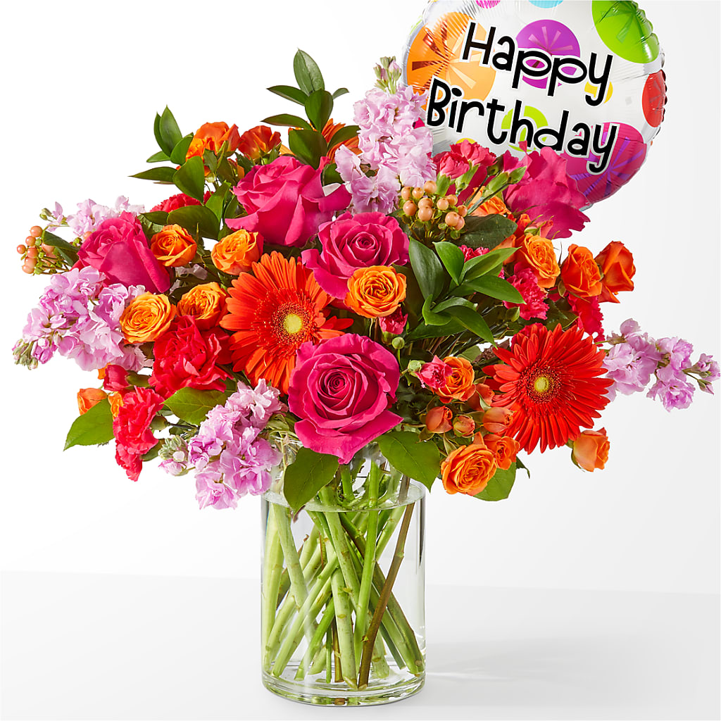 Fiesta Bouquet with Birthday Balloon – Coach House Floral Inc, Canal Fulton OH