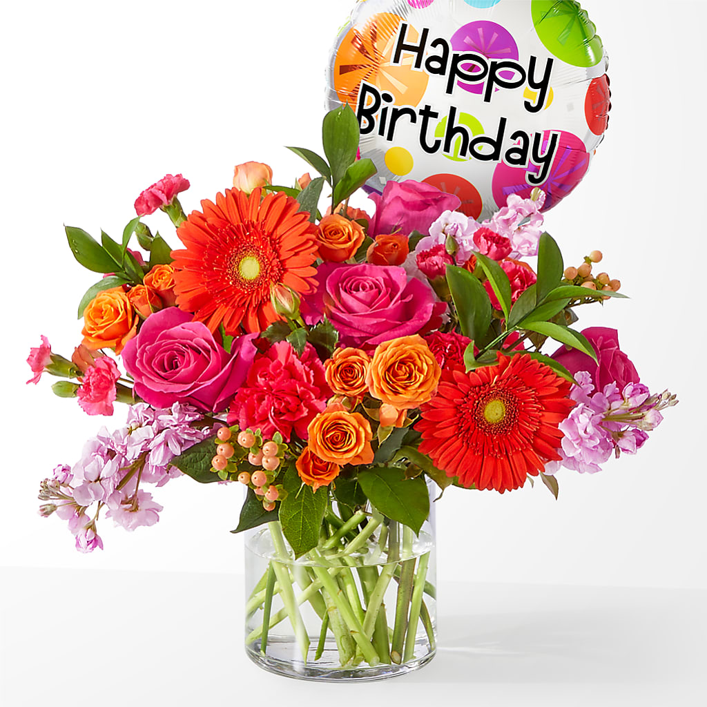 Fiesta Bouquet with Birthday Balloon – Coach House Floral Inc, Canal Fulton OH