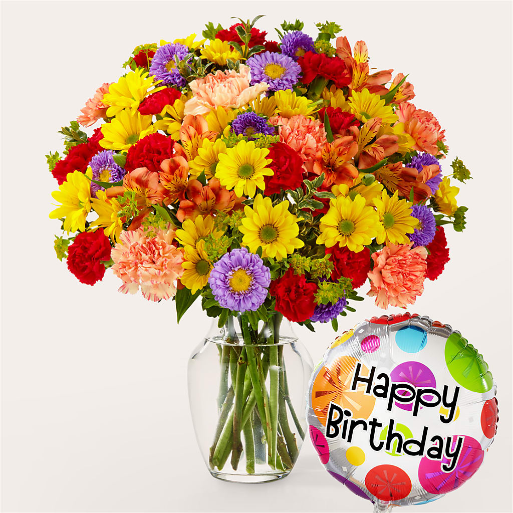 Kaleidoscope Bouquet with Birthday Balloon – Coach House Floral Inc, Canal Fulton OH