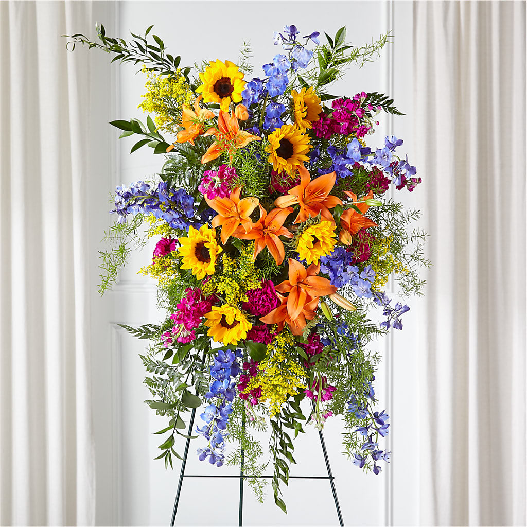 Sunlit Memories Standing Spray (Standard) – Coach House Floral Inc, Canal Fulton OH