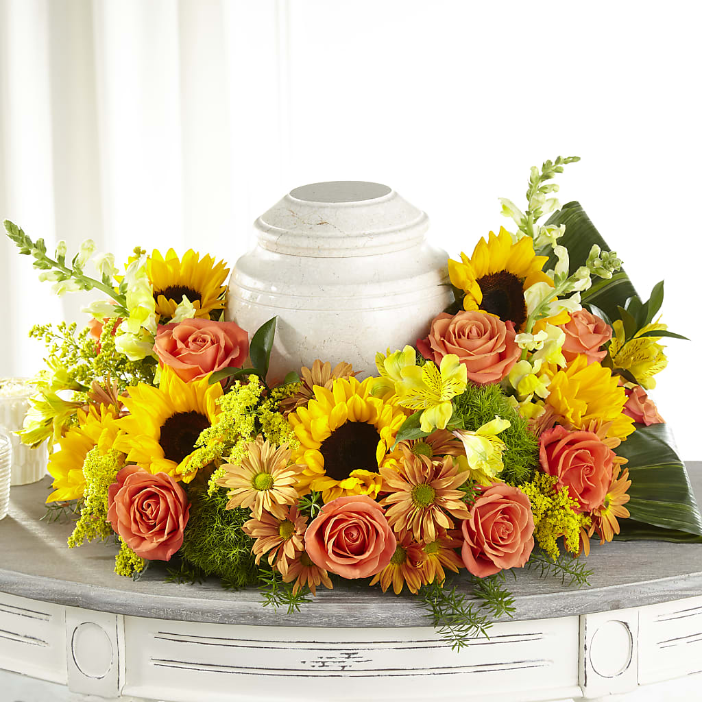 Faithful Sunflower Cremation Adornment – Coach House Floral Inc, Canal Fulton OH
