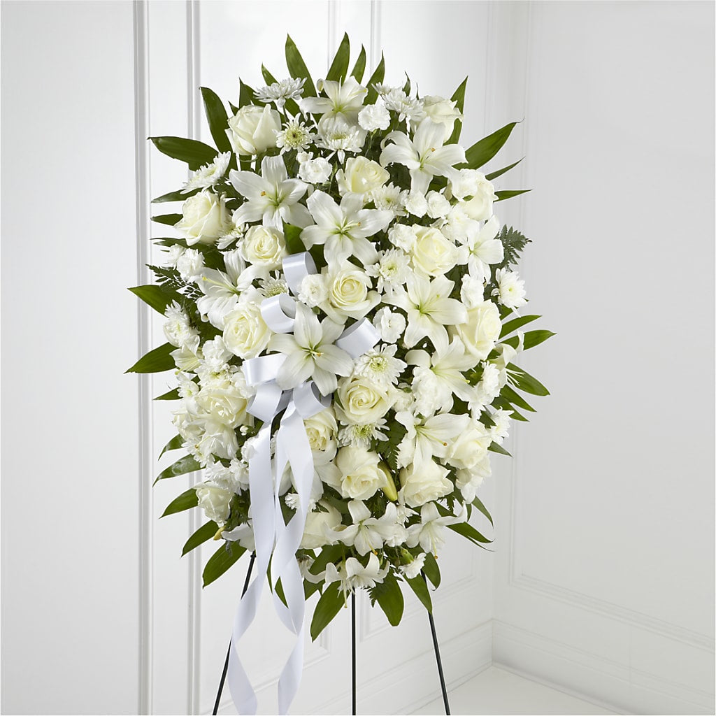 Exquisite Tribute Standing Spray-White Ribbon – Coach House Floral Inc, Canal Fulton OH